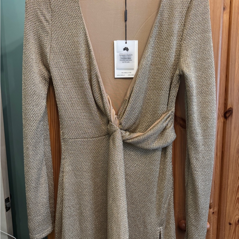Hello Molly Textured Beige Long Sleeve Dress